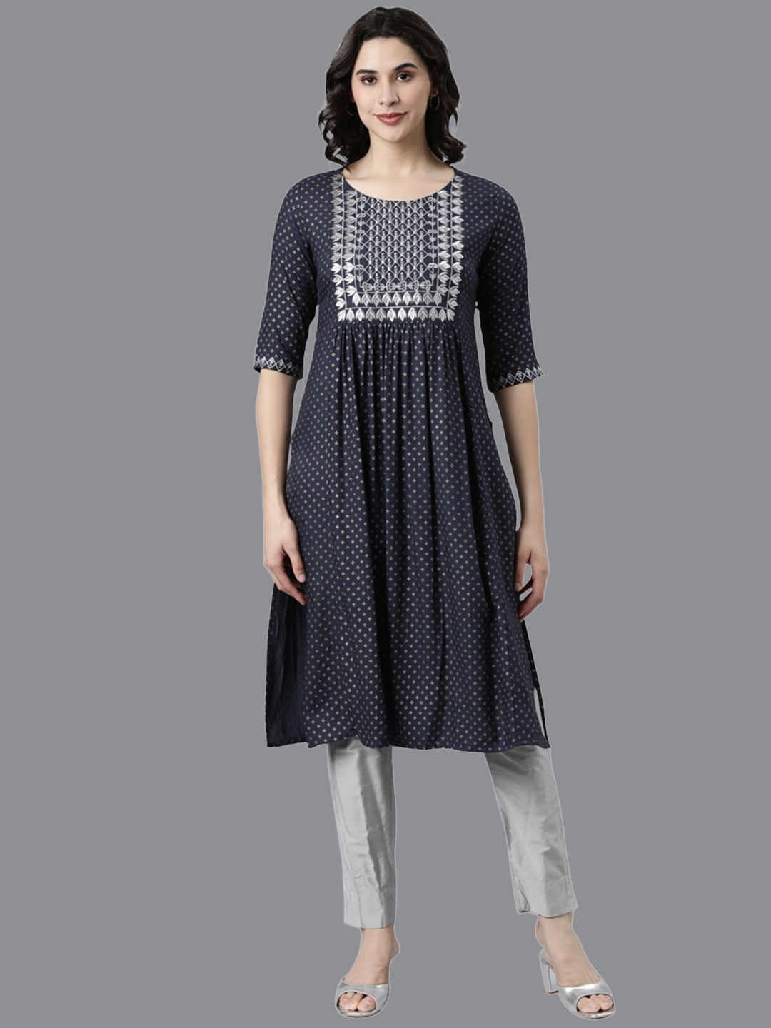 

Samhitas Yoke Design Regular Sleeves Strigth Kurta, Navy blue