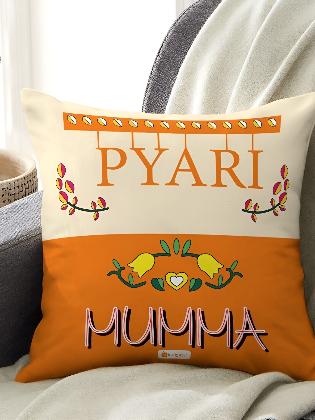 

Indigifts Orange Printed Cotton Pre-Filled Cushion