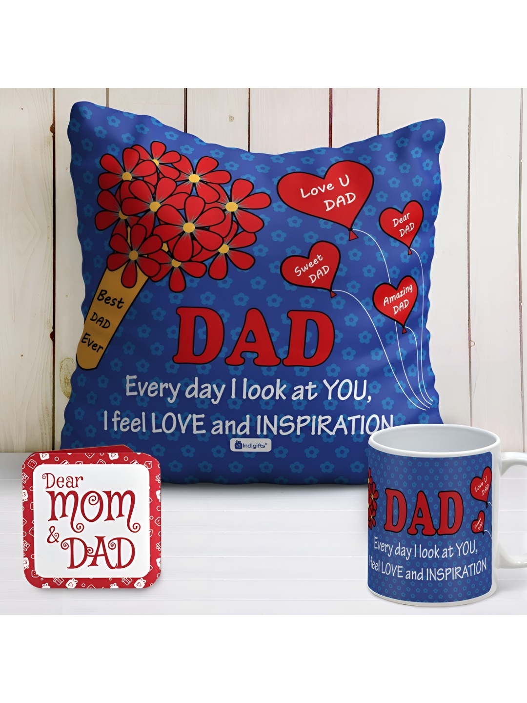 

Indigifts Blue & Red Set Of Printed Square Cushions With Fillers & Ceramic Mug