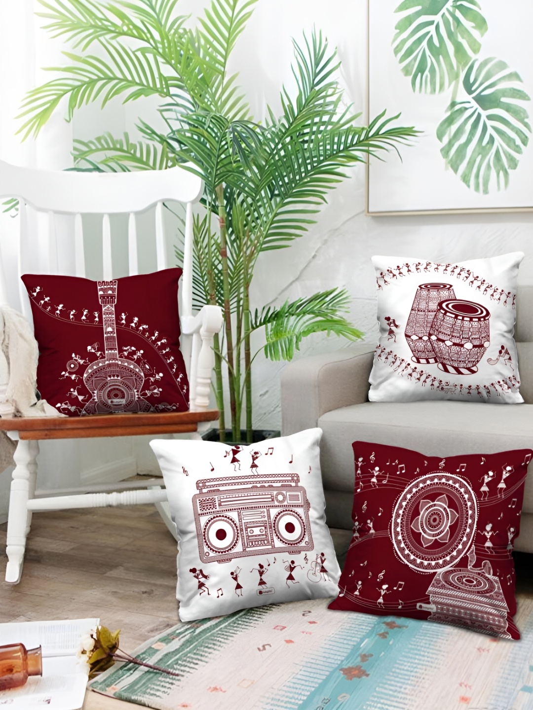 

Indigifts 4-Pc Red & White Printed Filled Cushions