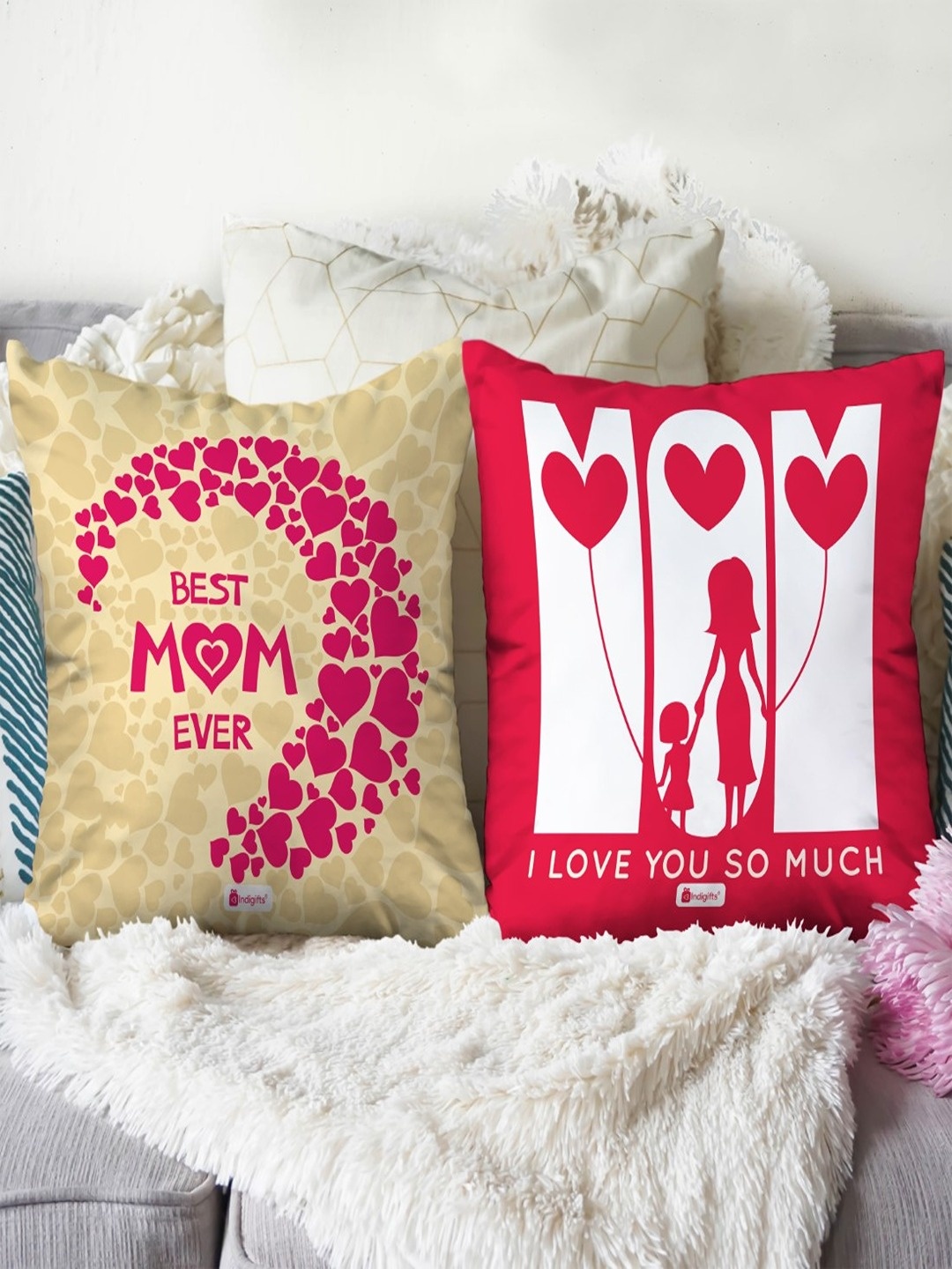 

Indigifts Beige & Red 2 Pieces Printed Cotton Square Cushions With Filler