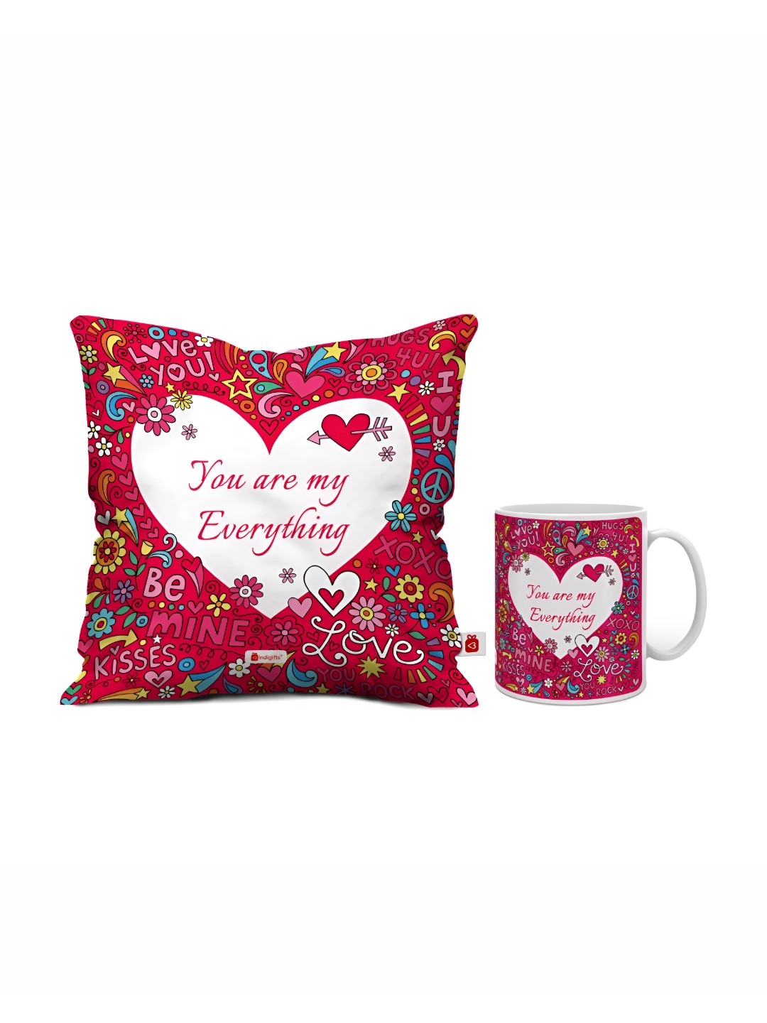 

Indigifts Red & White Printed Cushion Cover with Filler & Coffee Mug Gift Set