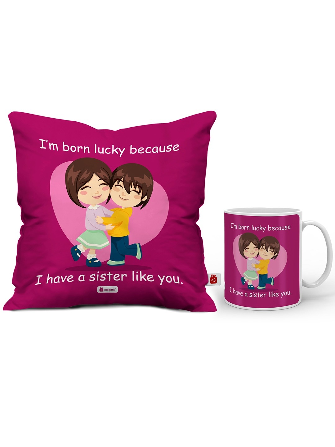 

Indigifts Magenta Set Of Printed Square Cushions With Fillers & Ceramic Mug