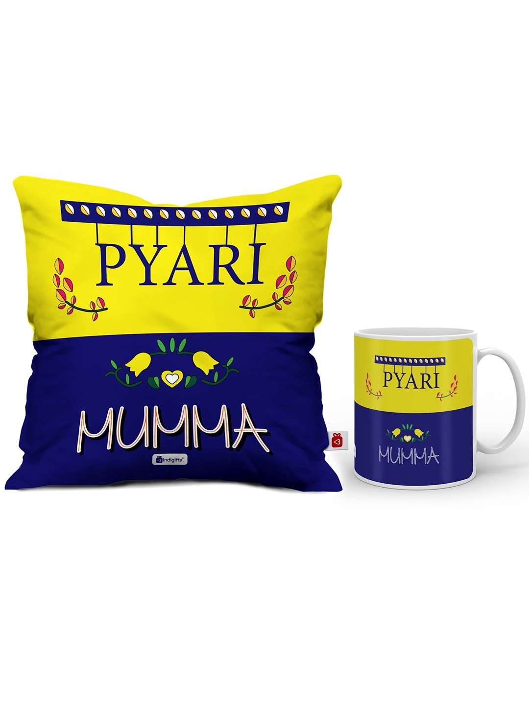 

Indigifts Yellow & Blue Printed Square Cushions With Fillers & Ceramic Mug