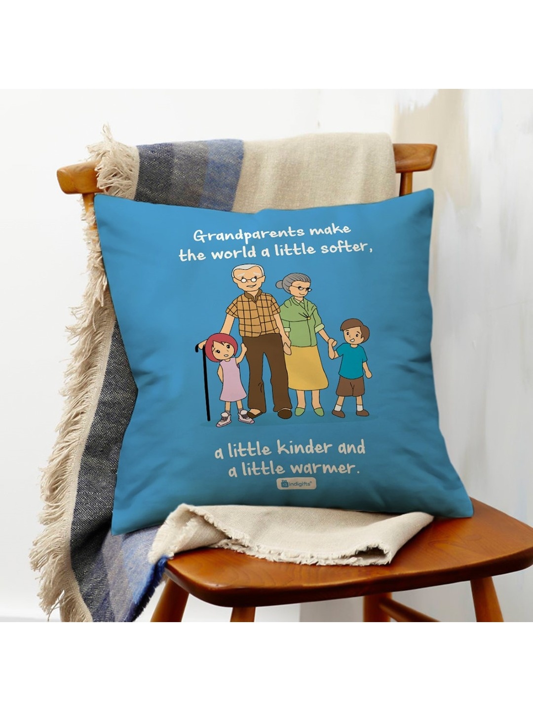

Indigifts White & Blue Printed Cotton Square Cushion With Filler