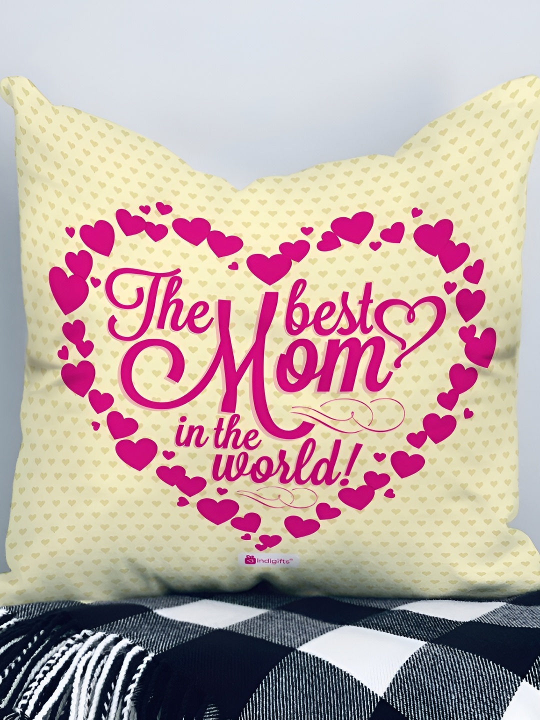 

Indigifts Cream-Coloured & Pink Typographic-Printed Cotton Pre-Filled Cushion With Filler