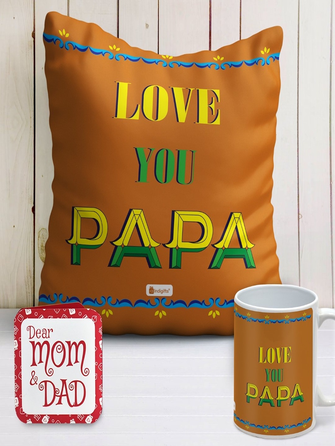 

Indigifts Orange-Coloured Set Of Printed Square Cushions With Fillers & Ceramic Mug