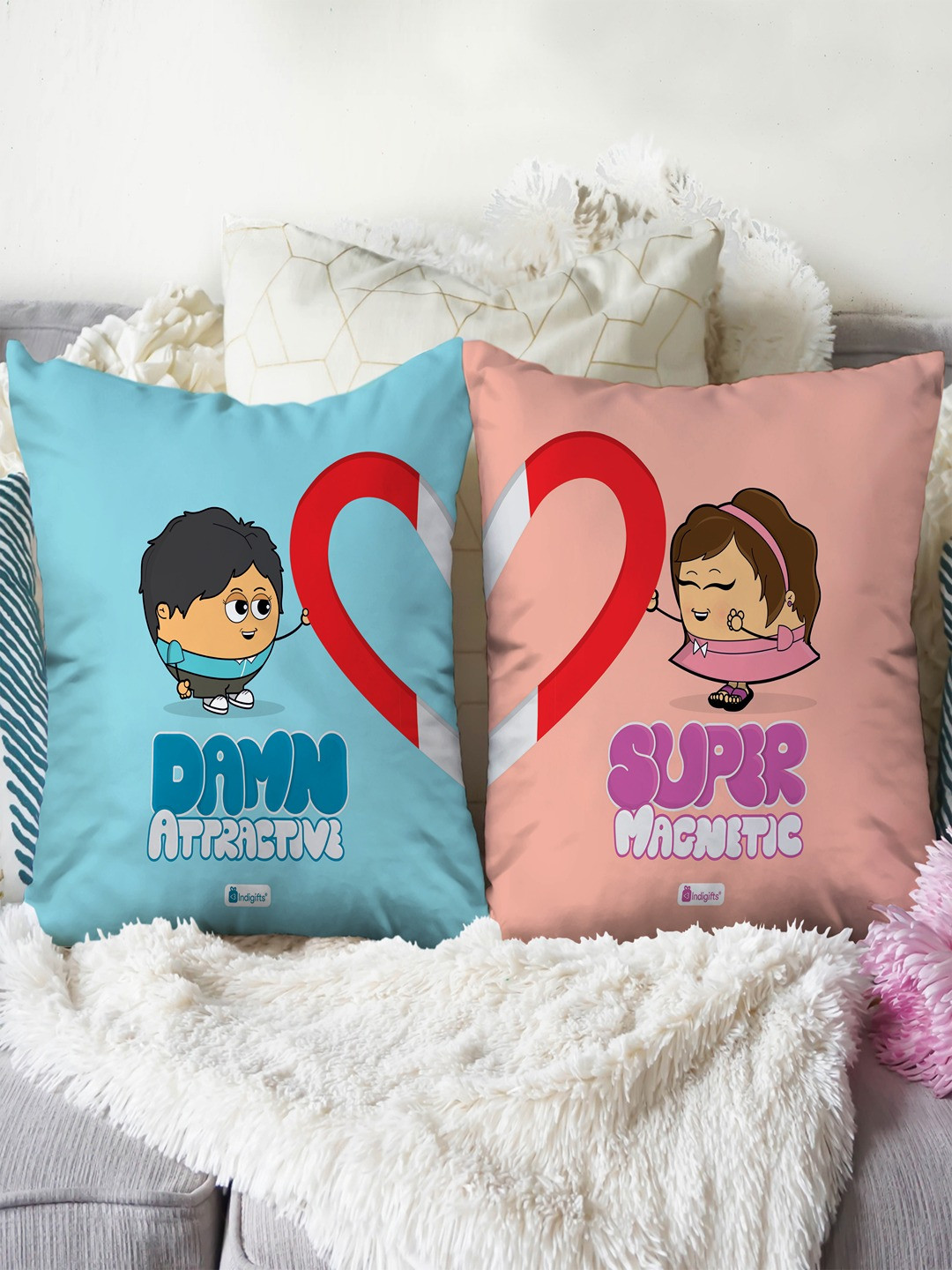 

Indigifts Blue & Pink 2 Pieces Printed Satin Cushions