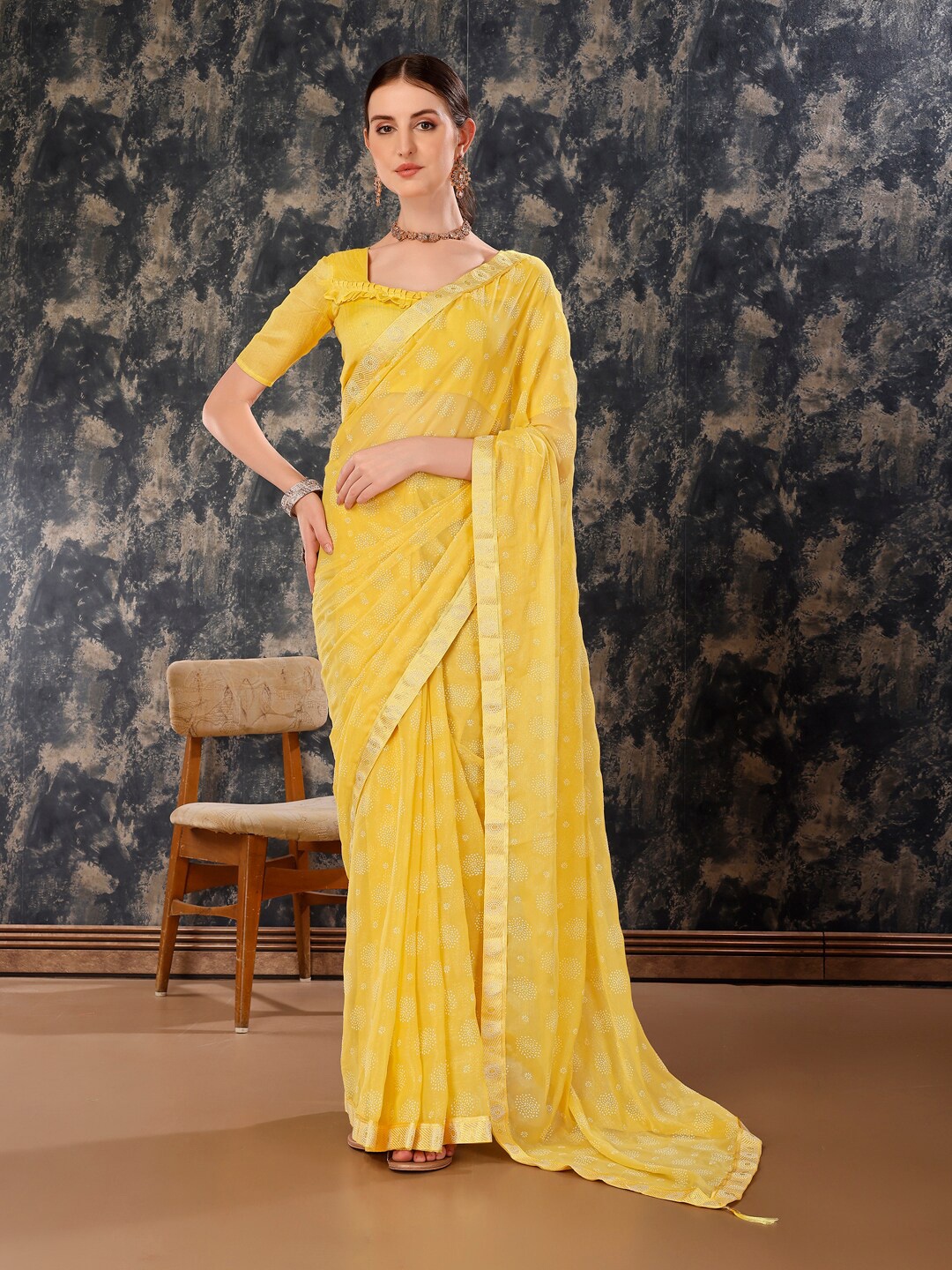 

Indian Women Embellished Pure Chiffon Saree, Yellow