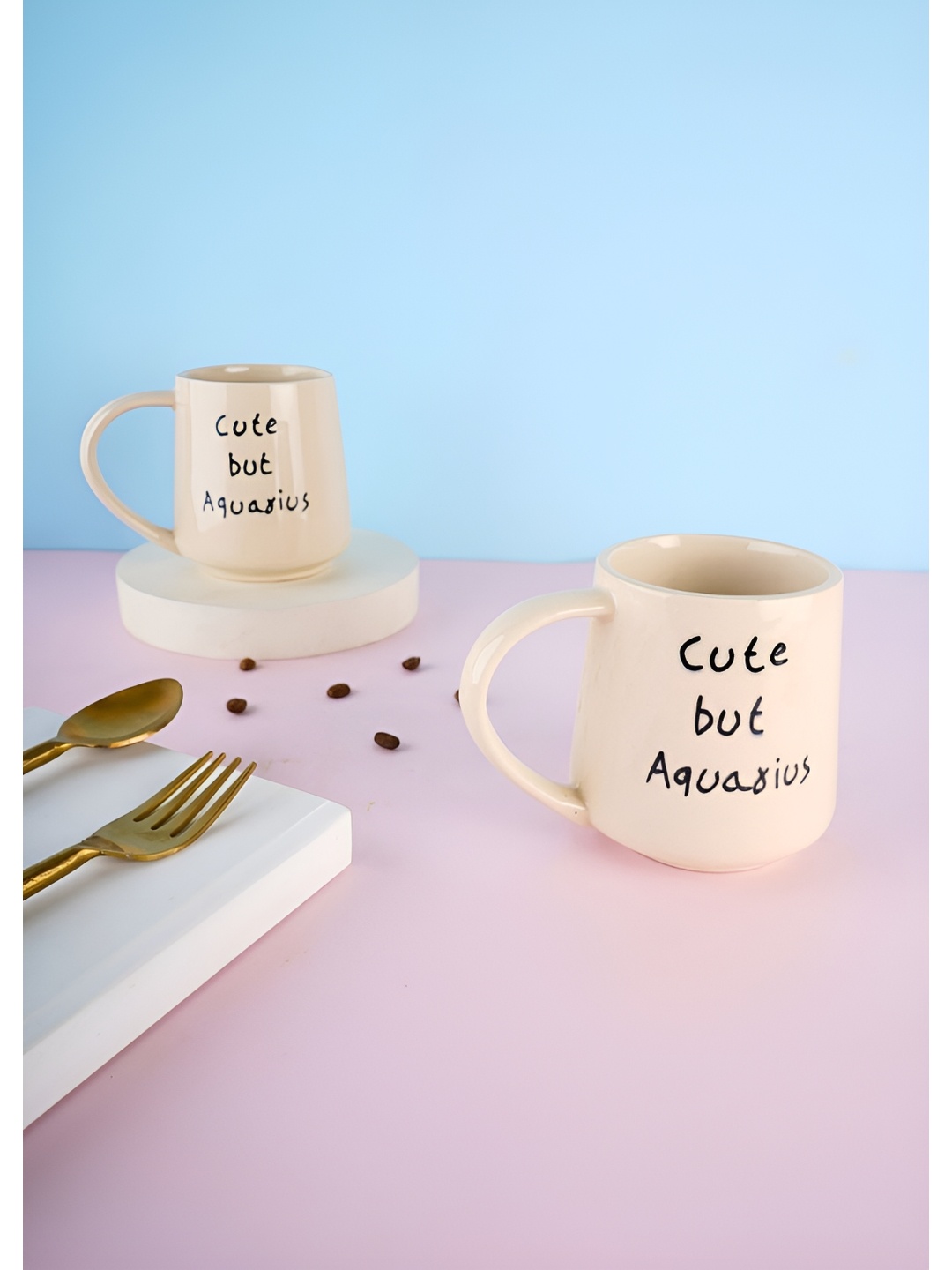 

WEAVING HOMES Cream & Black 2 Pieces Printed Ceramic Glossy Mugs 250 ml Each
