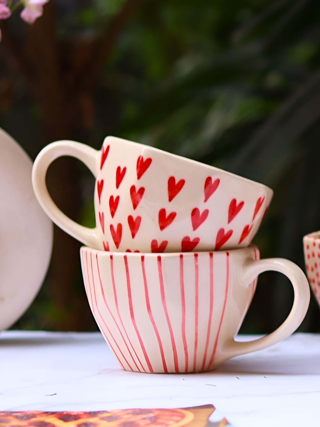 

WEAVING HOMES Red & Cream 2 Pieces Printed Ceramic Glossy Cups 200 ml Each