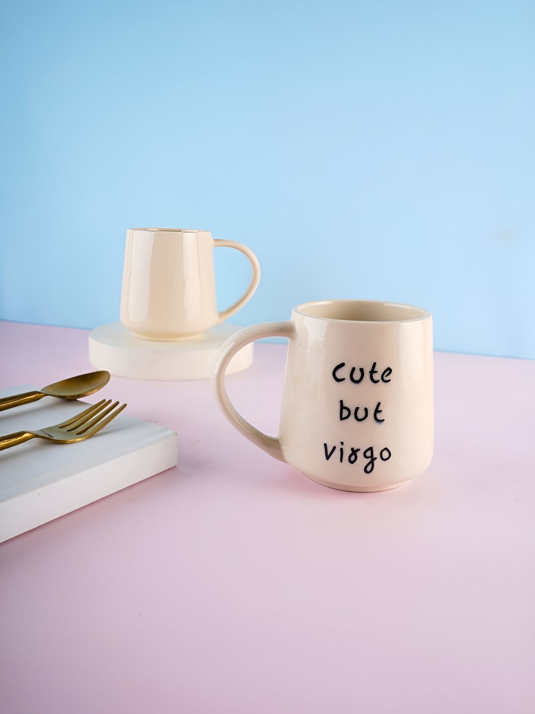 

WEAVING HOMES Cream & Black 2 Pieces Printed Ceramic Glossy Mugs 250 ml Each