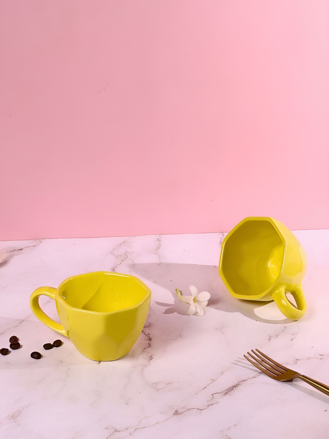 

WEAVING HOMES Yellow 2 Pieces Ceramic Glossy Cups 200 ml Each