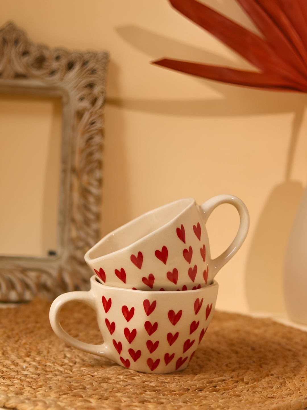 

WEAVING HOMES White & Red 2 Pieces Printed Ceramic Glossy Mugs 200 ml Each