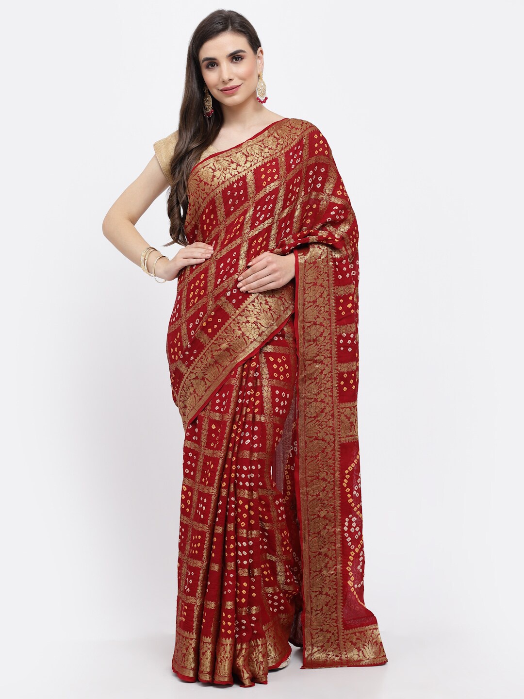 

Kishori Sarees Bandhani Printed Zari Pure Silk Saree, Maroon