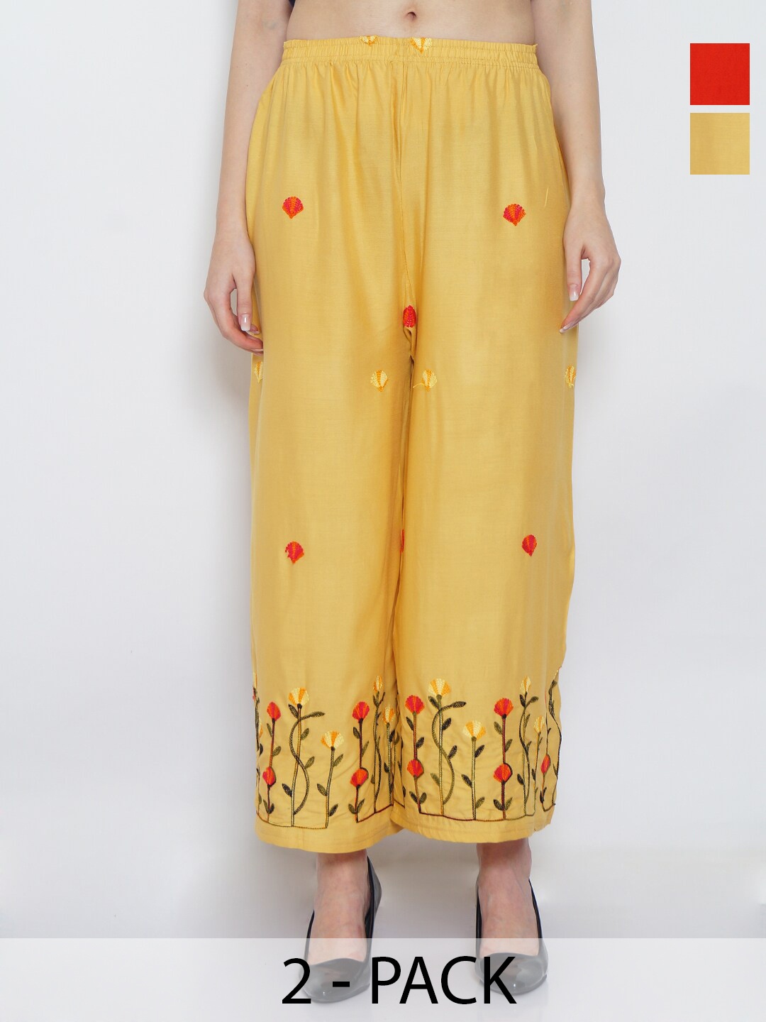

Jinfo Pack of 2 Floral Embroidered Wide Leg Fit Palazzos, Cream
