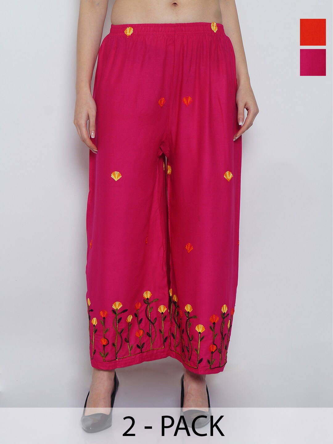 

Jinfo Pack of 2 Floral Embroidered Wide Leg Fit Palazzos, Pink