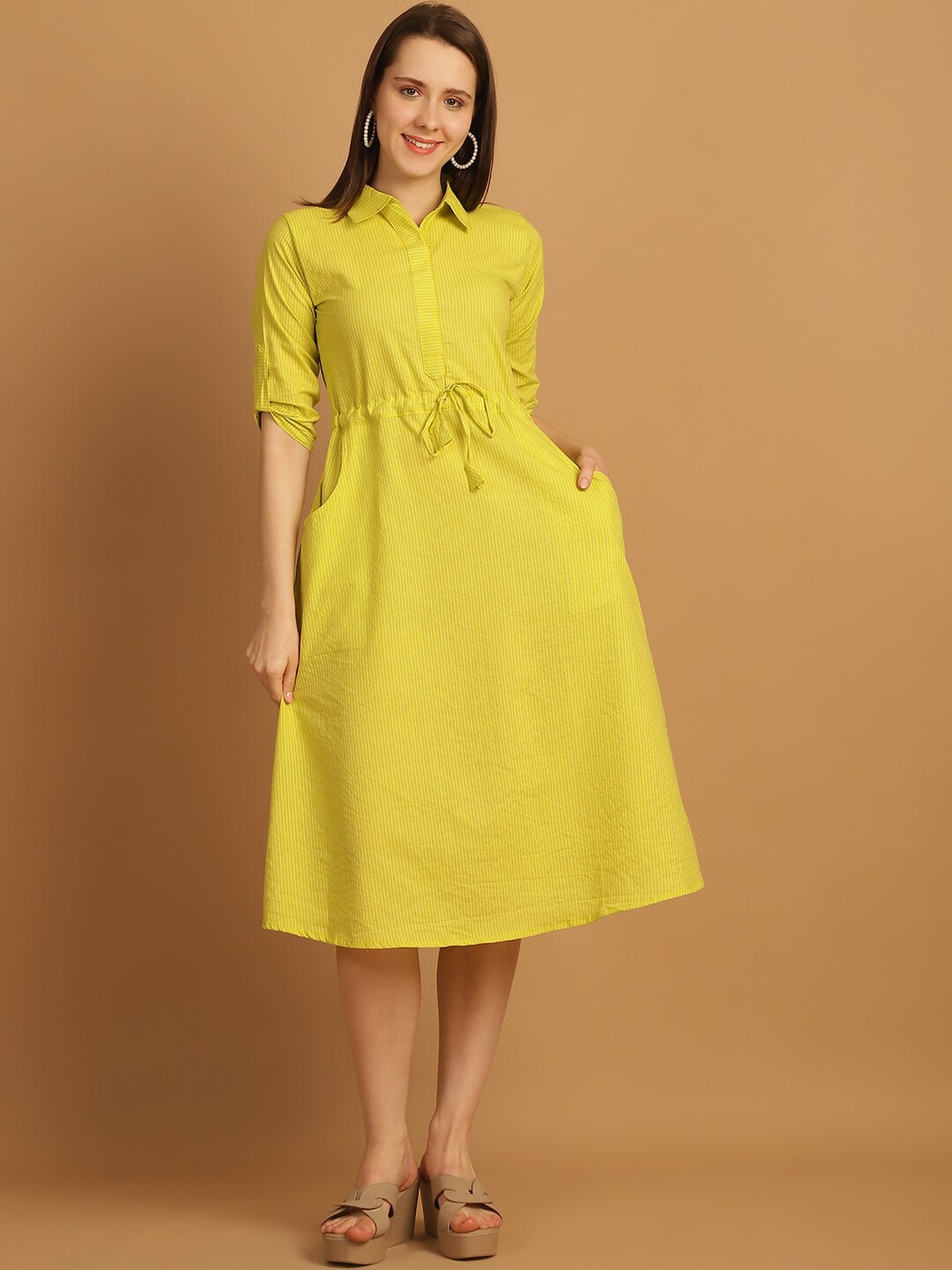 

Aarsha Cotton Roll-Up Sleeves Shirt Midi Dress, Lime green