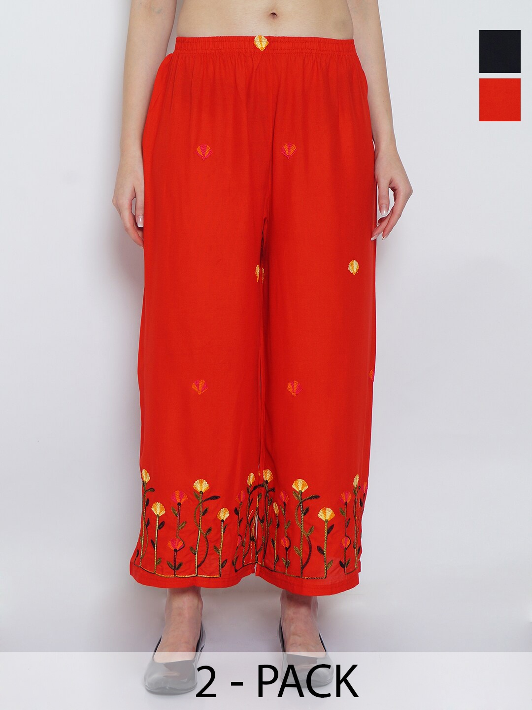 

Jinfo Pack of 2 Floral Embroidered Wide Leg Fit Palazzos, Red