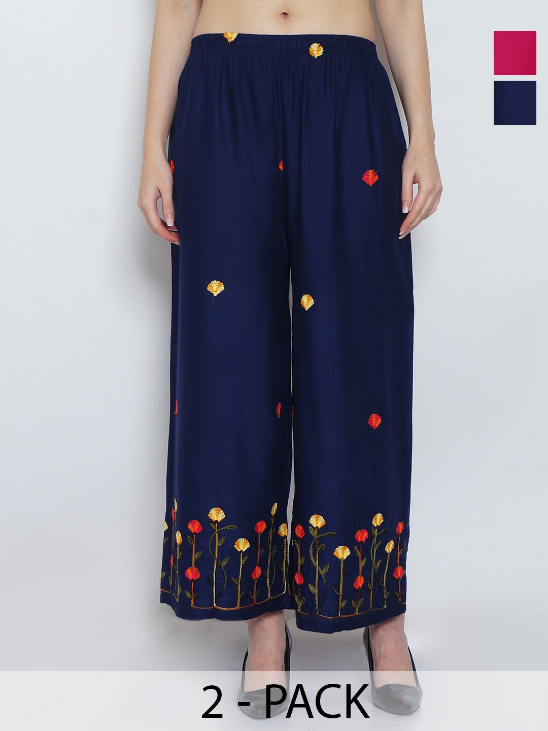 

Jinfo Pack of 2 Floral Embroidered Wide Leg Fit Palazzos, Navy blue