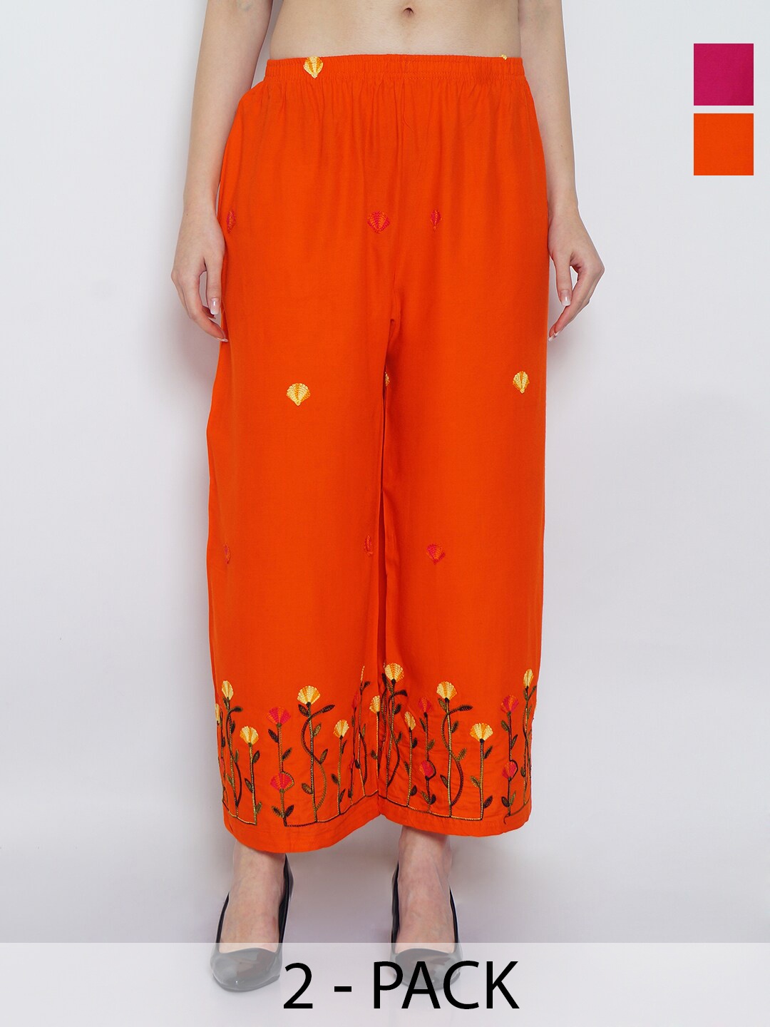 

Jinfo Pack of 2 Floral Embroidered Wide Leg Fit Palazzos, Orange