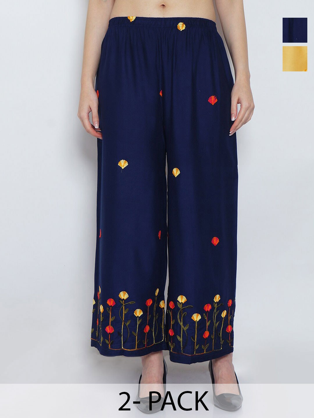

Jinfo Pack of 2 Floral Embroidered Wide Leg Fit Palazzos, Navy blue