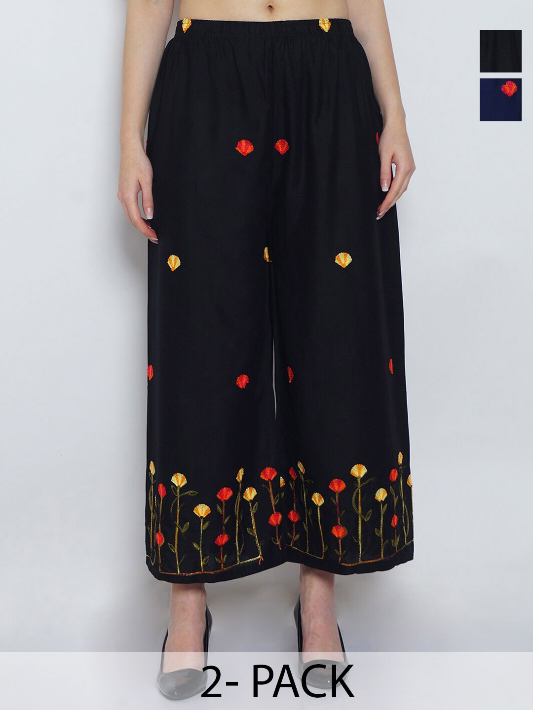 

Jinfo Pack Of 2 Floral Embroidered Wide Leg Palazzos, Black