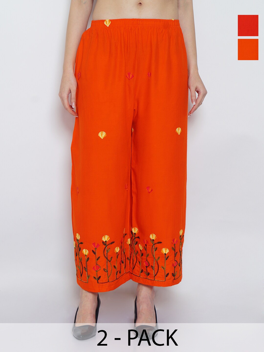 

Jinfo Pack of 2 Floral Embroidered Wide Leg Fit Palazzos, Orange