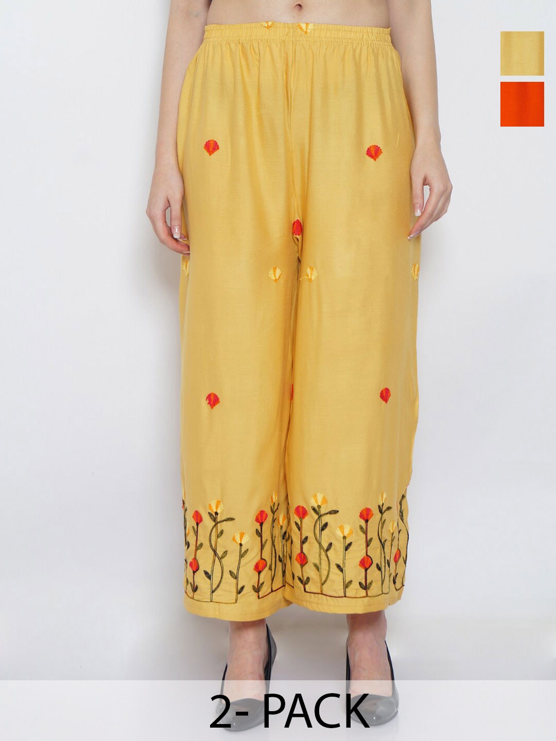 

Jinfo Pack of 2 Floral Embroidered Wide Leg Fit Palazzos, Cream