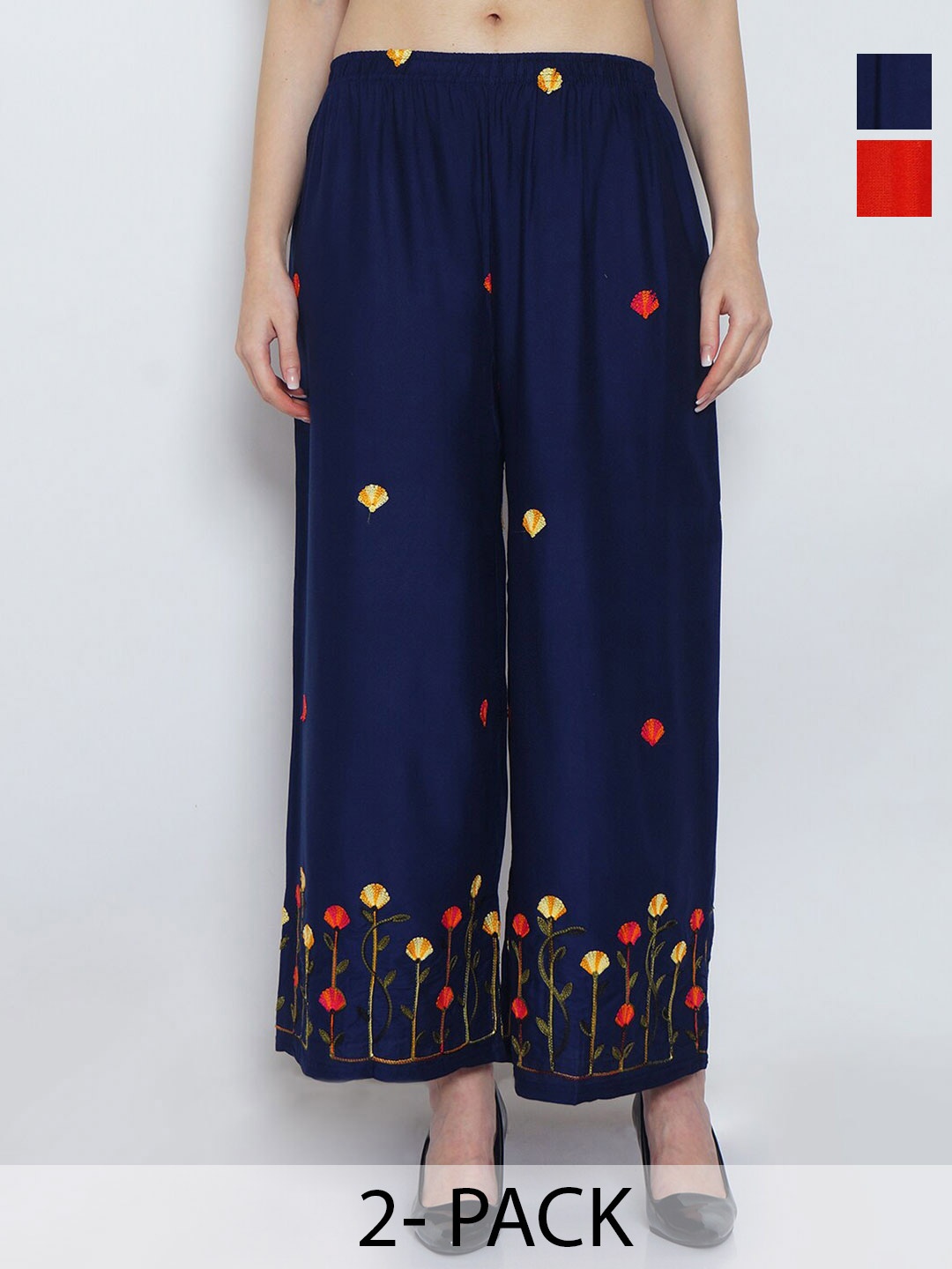 

Jinfo Pack of 2 Floral Embroidered Wide Leg Fit Palazzos, Navy blue