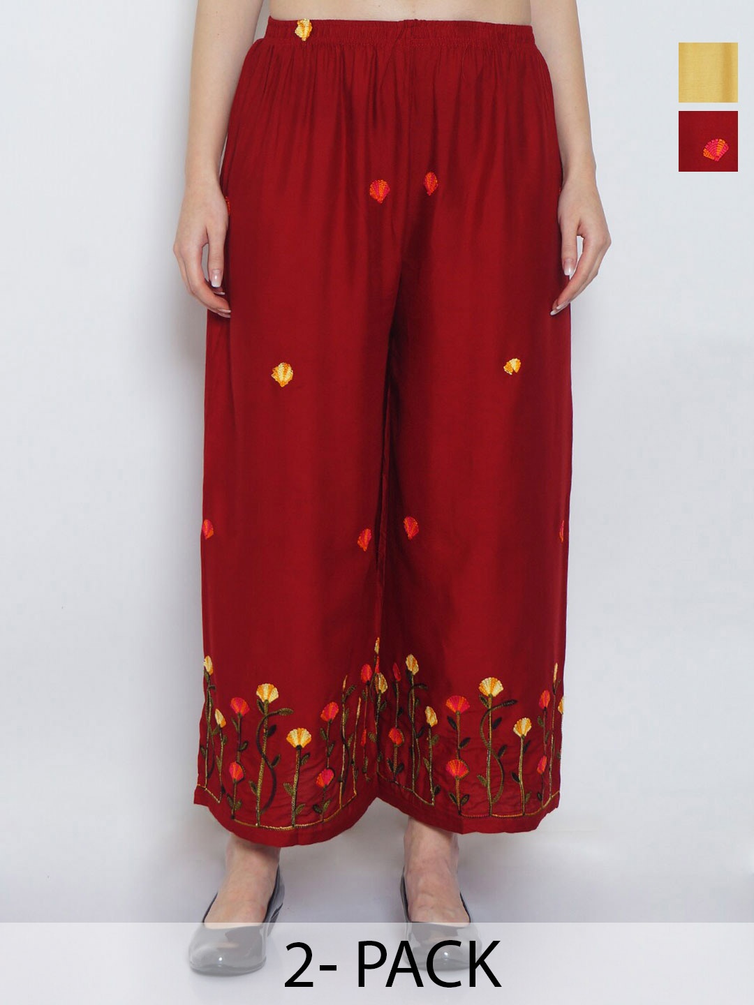 

Jinfo Pack of 2 Floral Embroidered Wide Leg Fit Palazzos, Maroon