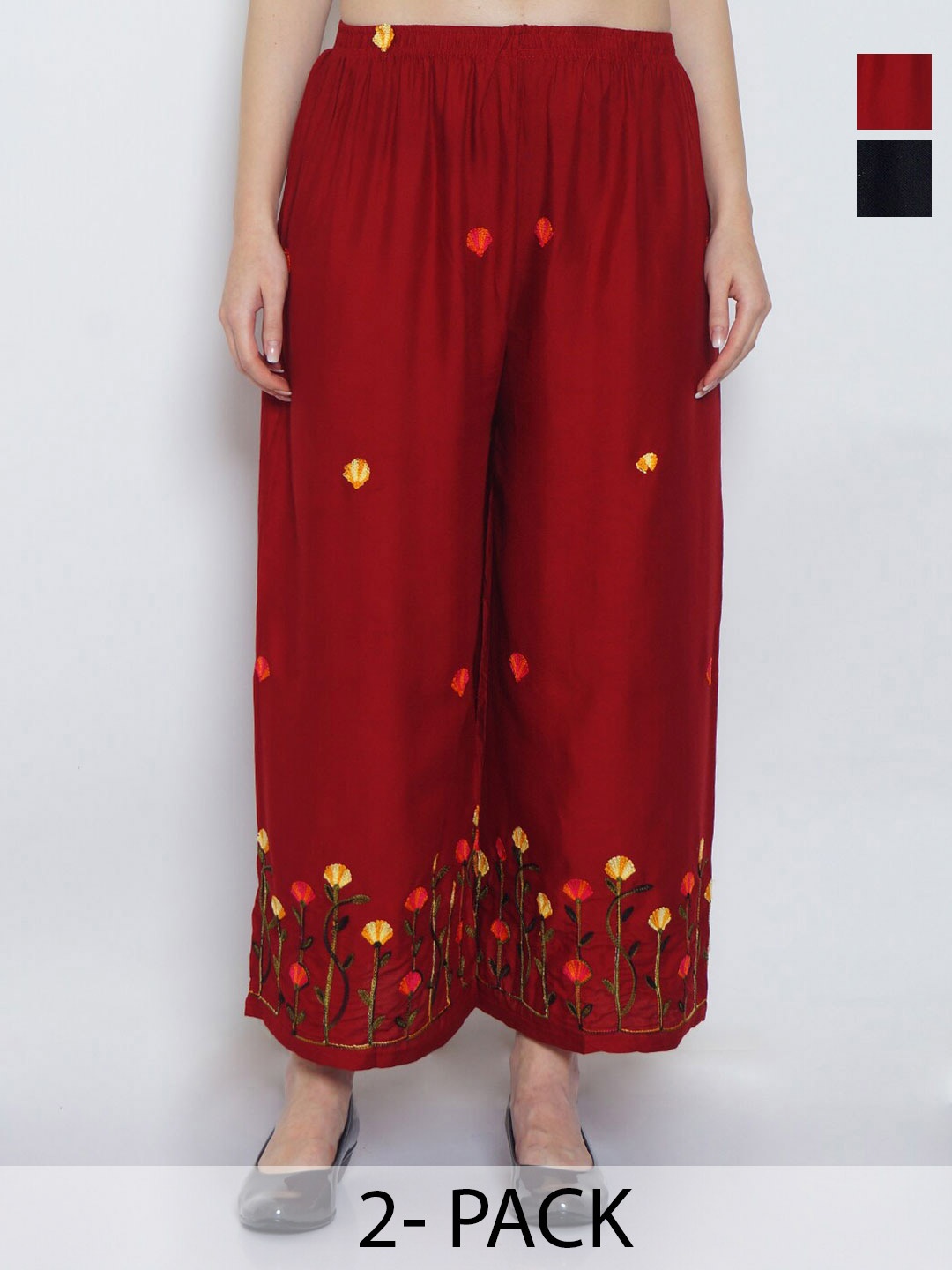 

Jinfo Pack of 2 Floral Embroidered Wide Leg Fit Palazzos, Maroon