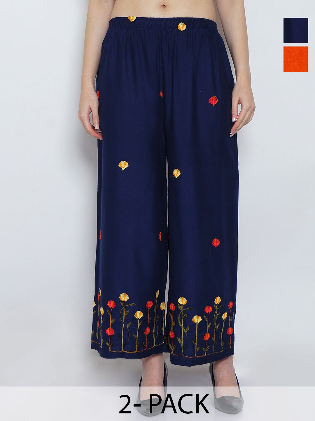 

Jinfo Pack of 2 Floral Embroidered Wide Leg Fit Palazzos, Navy blue