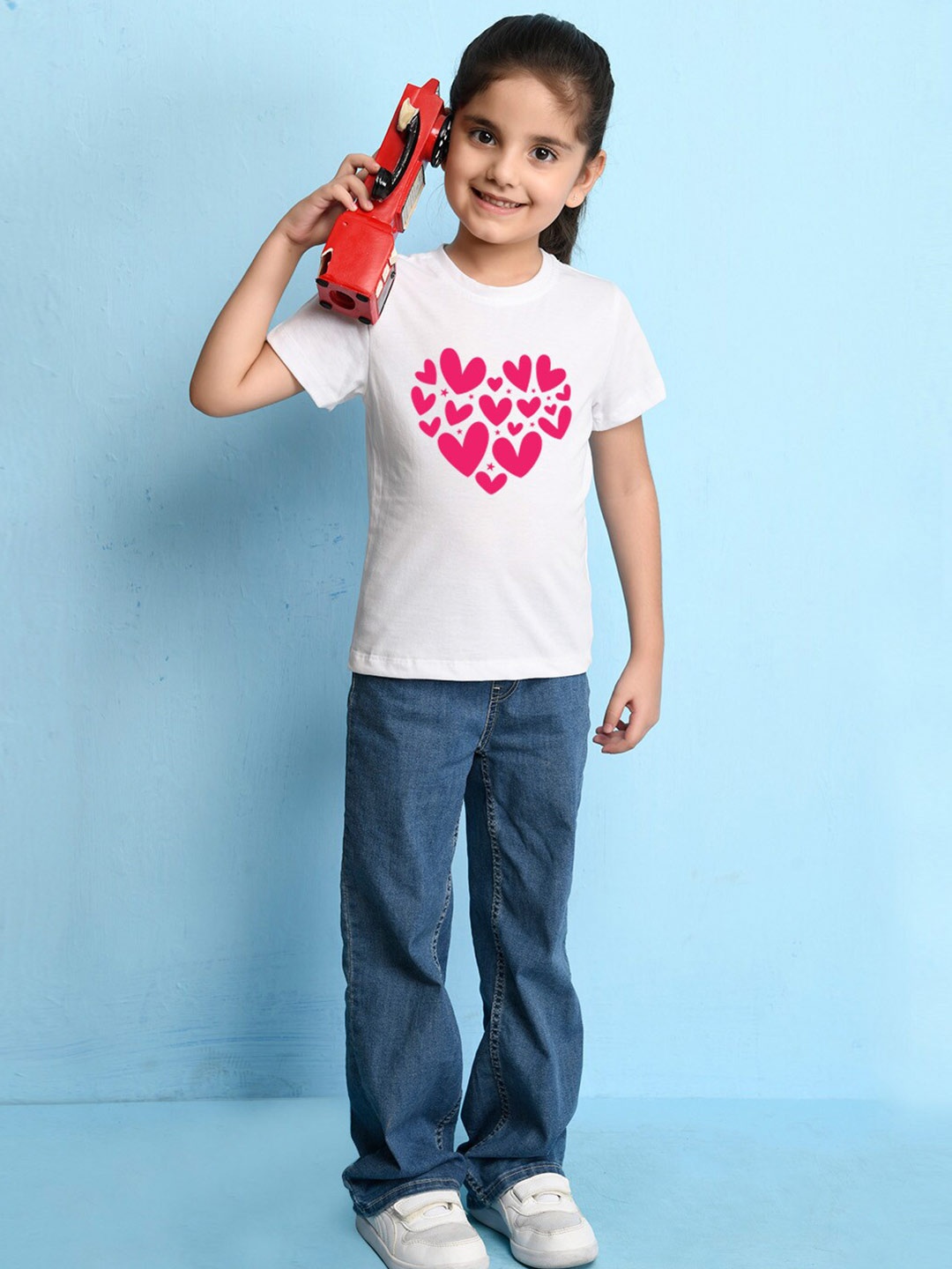 

NUSYL Girls Hearts Printed Round Neck Casual T-shirt, White