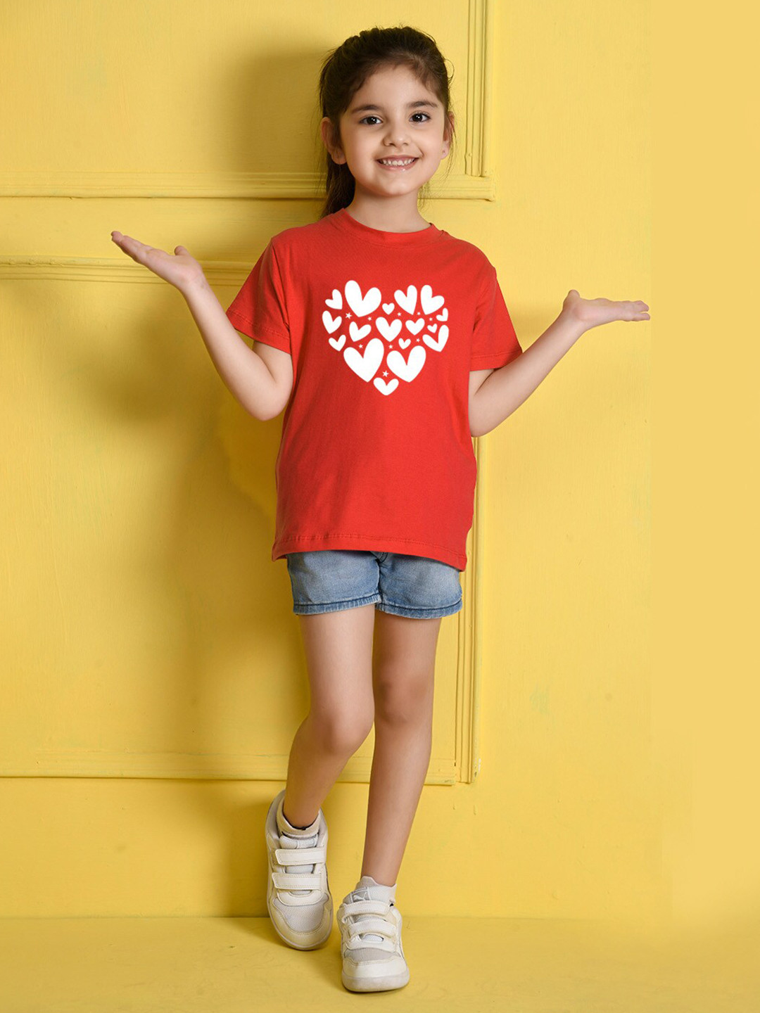 

NUSYL Girls Hearts Printed Round Neck Casual T-shirt, Red