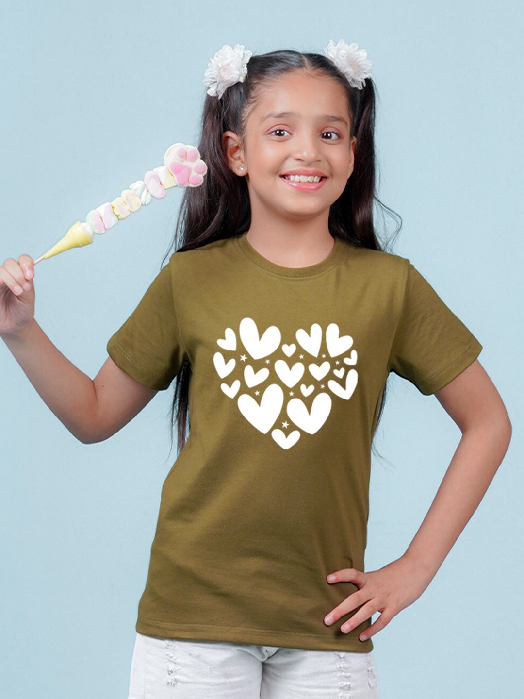 

NUSYL Girls Conversational Printed Casual T-shirt, Olive