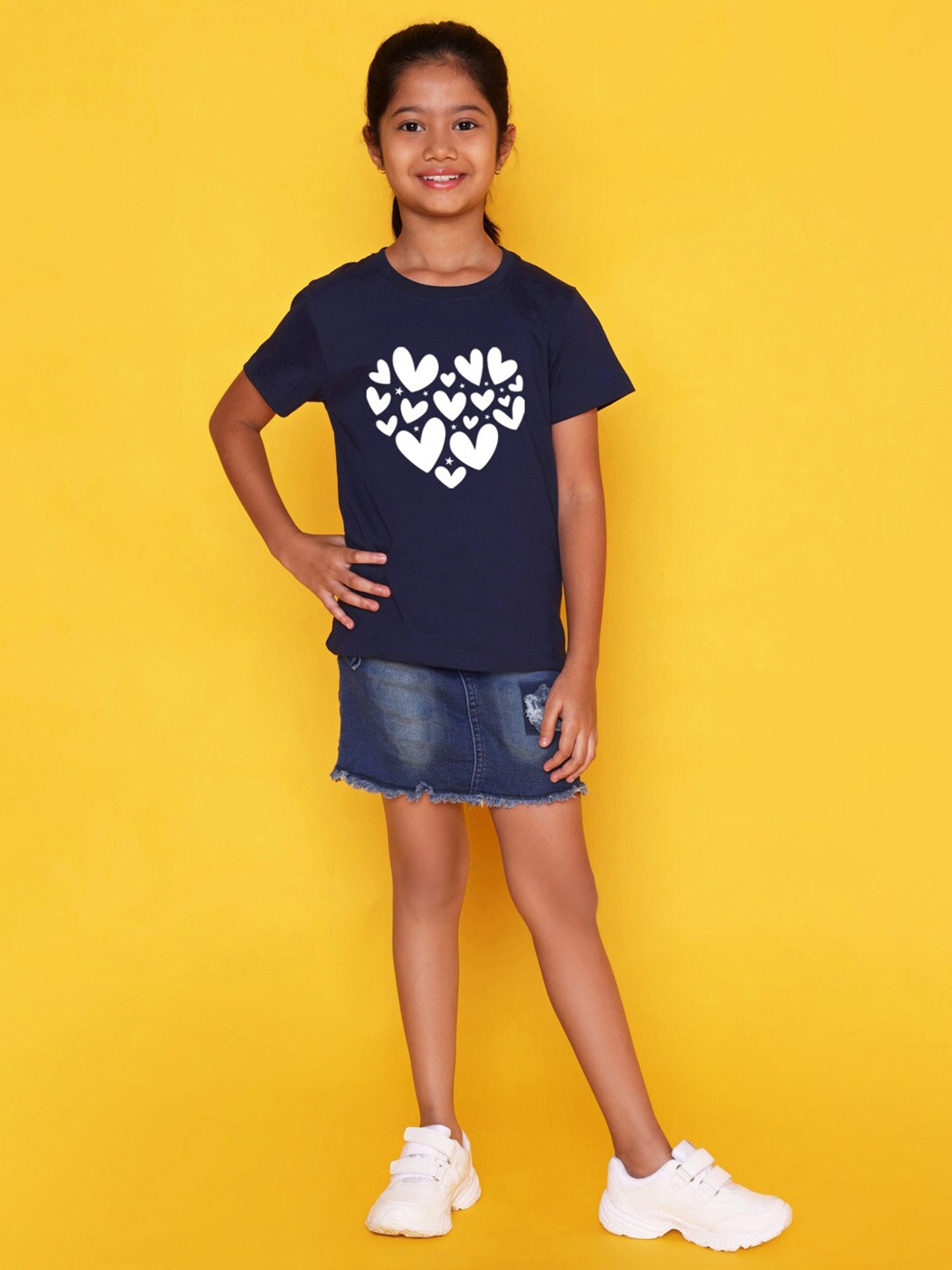 

NUSYL Girls Hearts Printed Round Neck Casual T-shirt, Navy blue