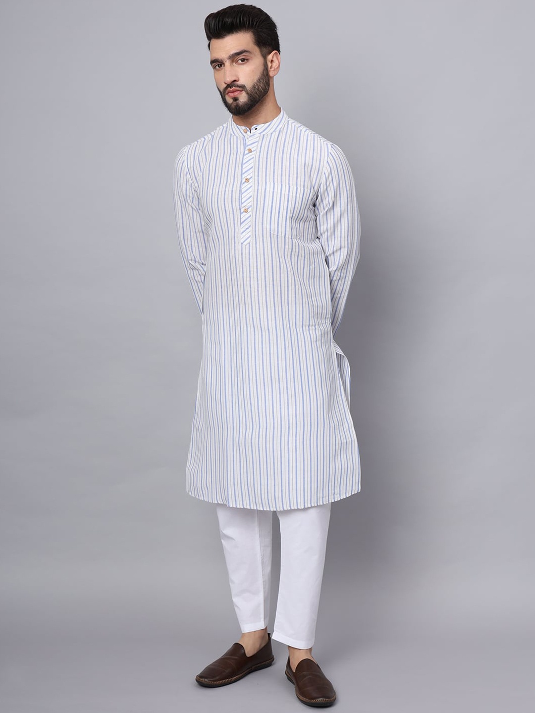 

Latest Chikan Garments Striped Mandarin Collar Long Sleeves Cotton Kurta, Blue