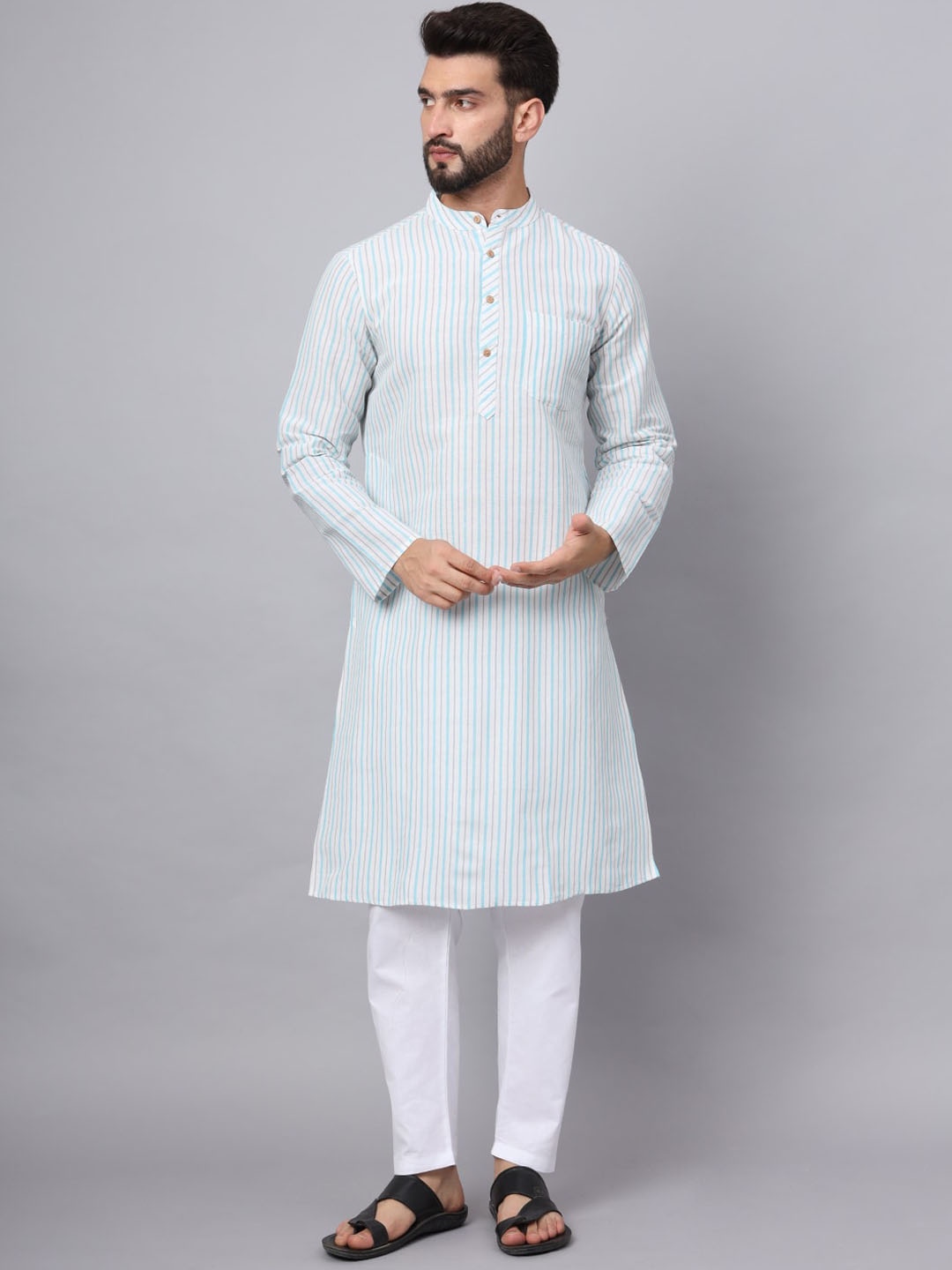 

Latest Chikan Garments Striped Mandarin Collar Long Sleeves Cotton Kurta, Blue