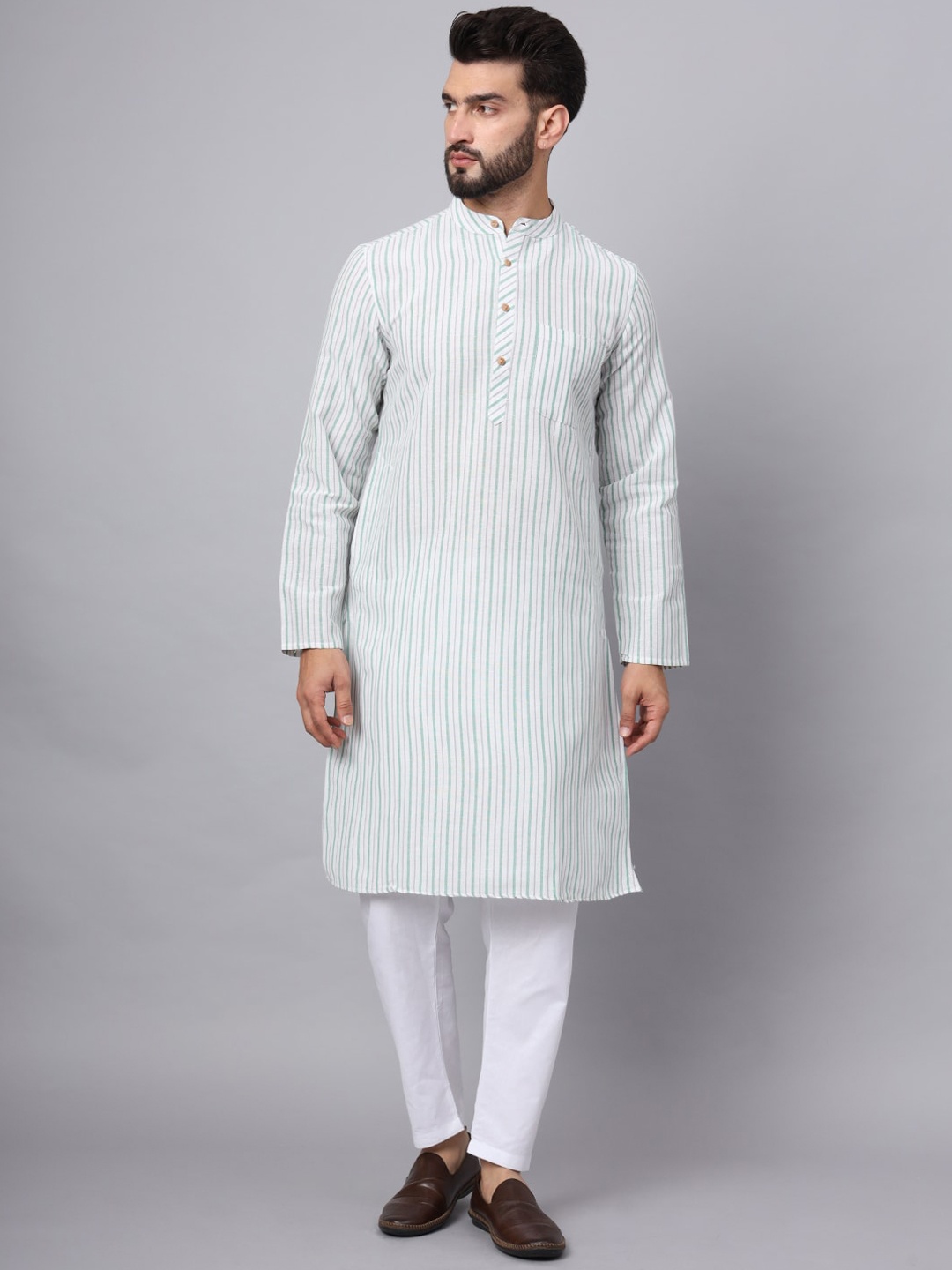 

Latest Chikan Garments Striped Mandarin Collar Straight Kurta, Green