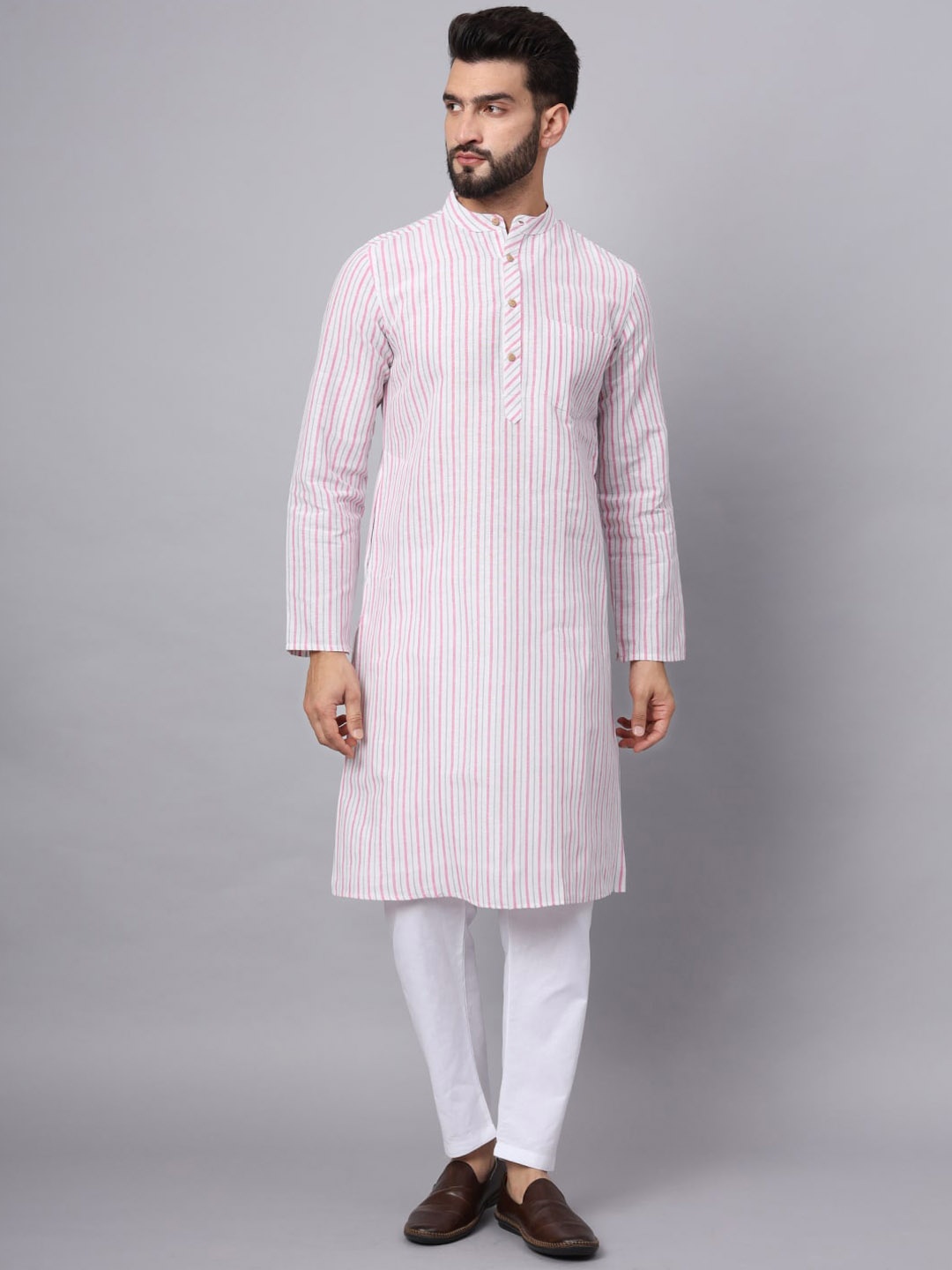 

Latest Chikan Garments Striped Mandarin Collar Straight Kurta, Pink