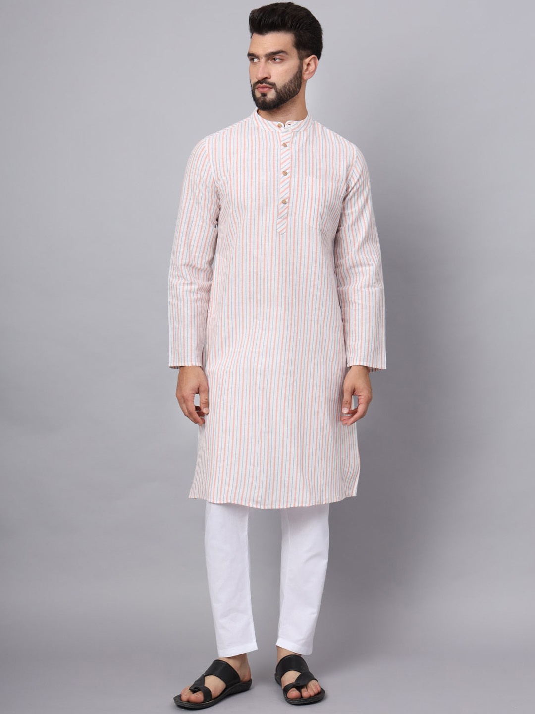 

Latest Chikan Garments Striped Mandarin Collar Straight Kurta, Peach