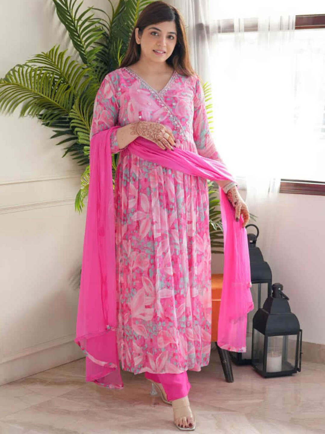 

KALINI Floral Printed Mirror Work Anarkali Kurta with Trousers & With Dupatta, Pink