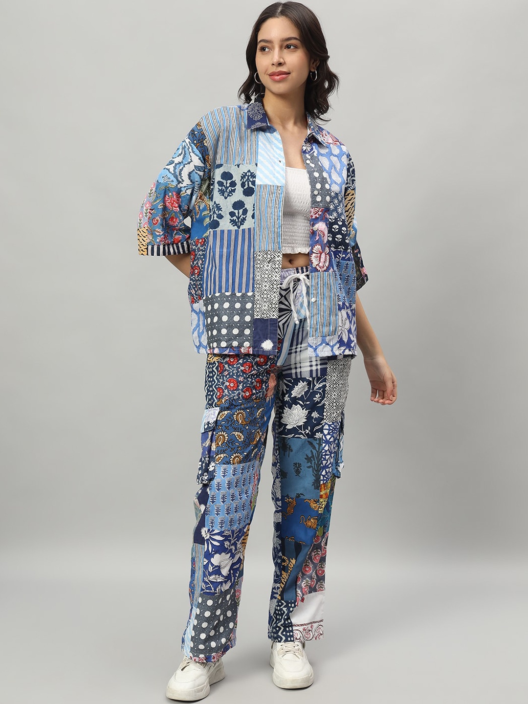 

HANDICRAFT PALACE Printed Pure Cotton Shirt Collar Neck Shirt & Flared Trouser Co-Ords, Blue