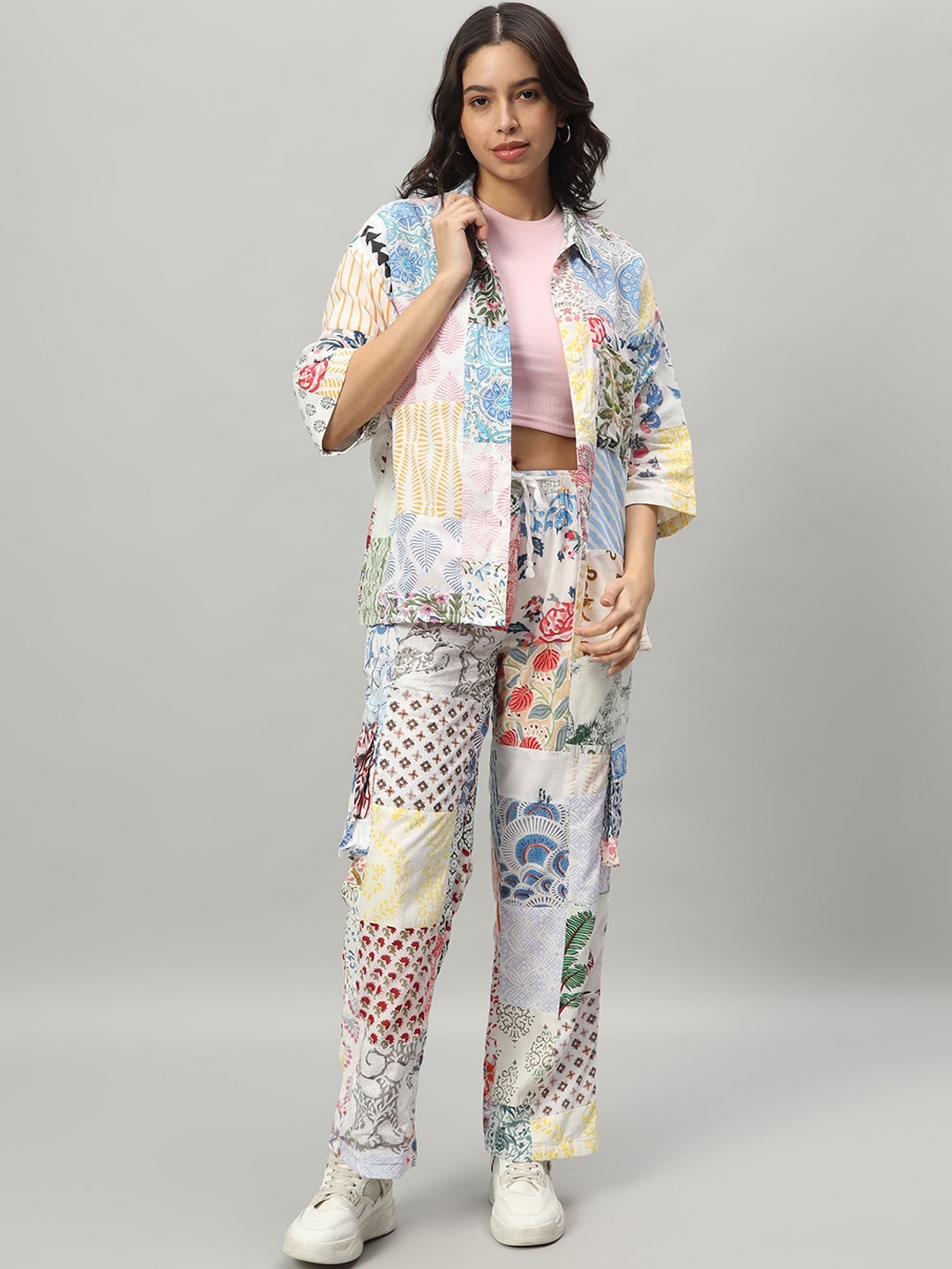 

HANDICRAFT PALACE Printed Pure Cotton Shirt With Trousers Co-Ords, White