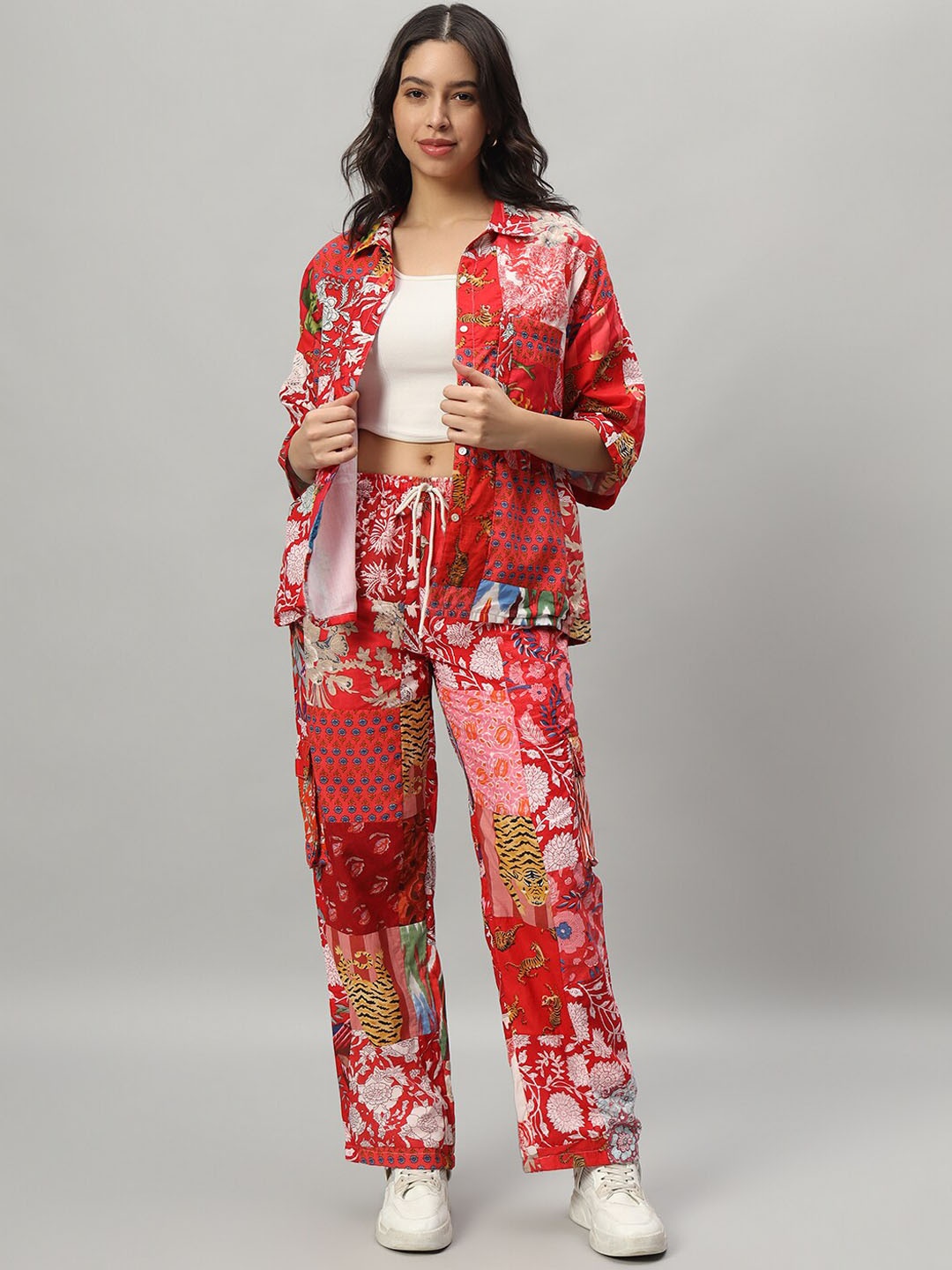 

HANDICRAFT PALACE Floral Printed Oversized Pure Cotton Shirt & Trousers, Red
