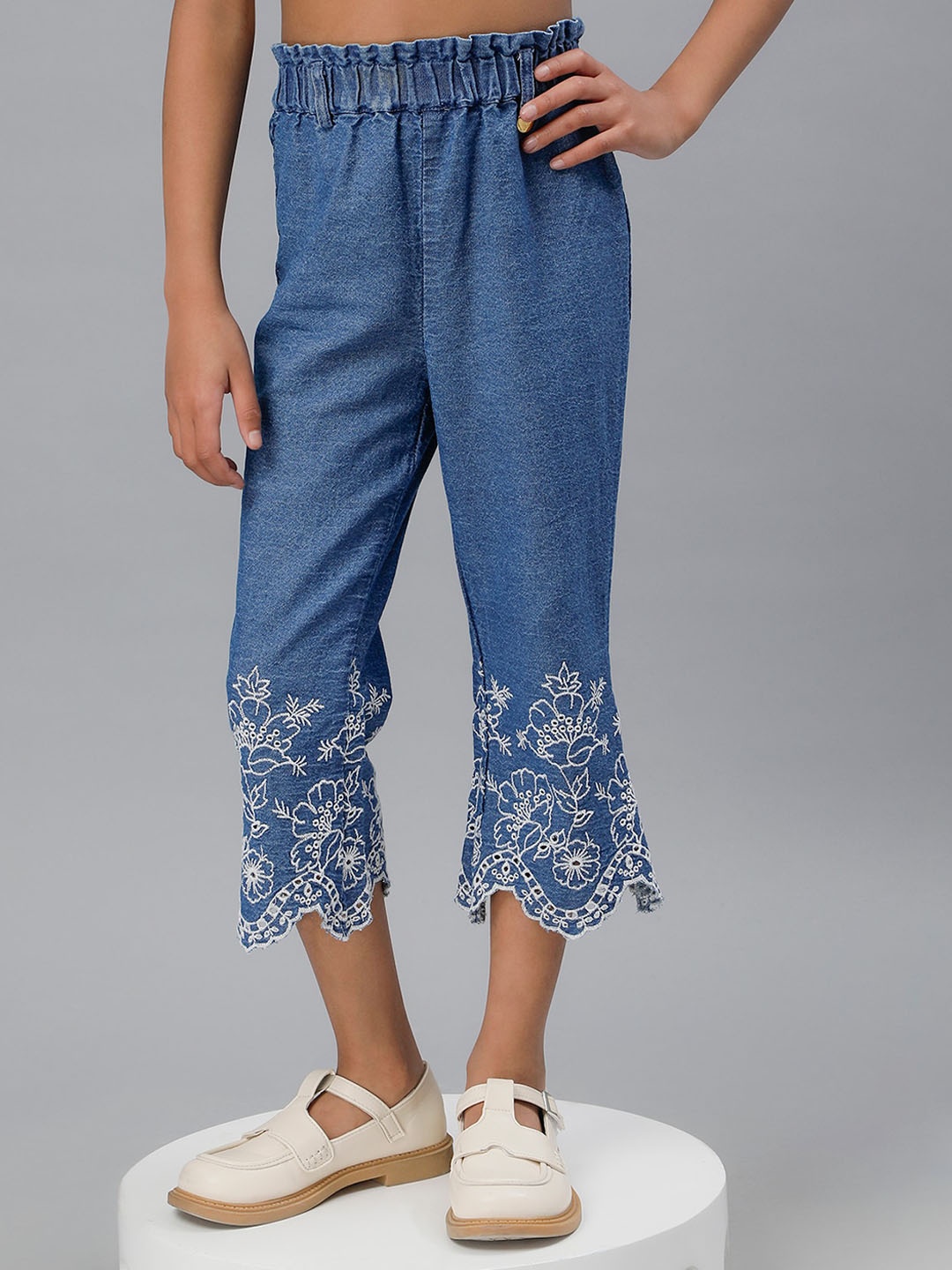 

One Friday Girls Floral Printed Relaxed Fit Mid-Rise Cotton Culottes Trousers, Blue