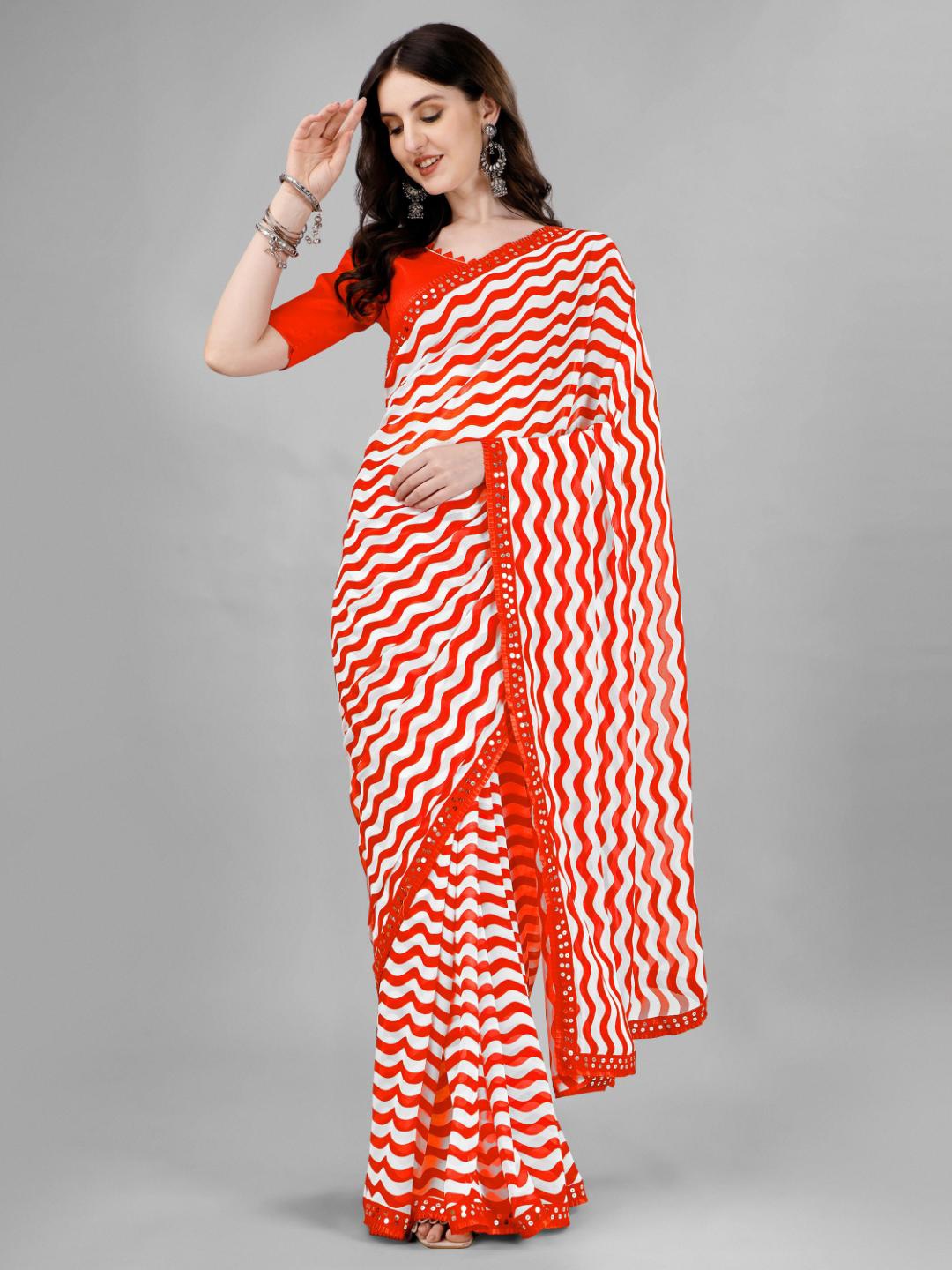 

SM TRENDZ Striped Sequinned Pure Georgette Saree, Orange