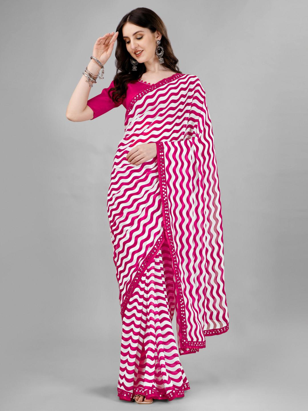 

SM TRENDZ Striped Sequinned Pure Georgette Saree, Pink
