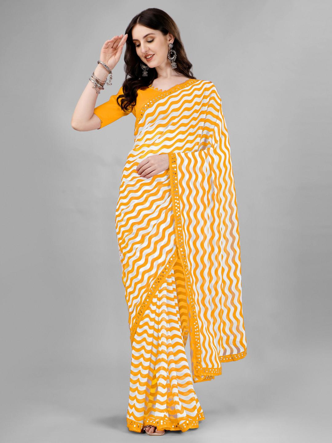 

SM TRENDZ Striped Sequinned Pure Georgette Saree, Yellow